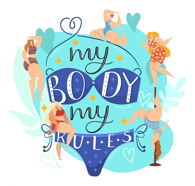 Grupo de mujeres gordas, ilustración de personaje de personas femeninas positivas de cuerpo. belleza feminismo feliz, estilo de vida positivo para el cuerpo. chica de talla grande sana en bikini, concepto de mujer con sobrepeso.