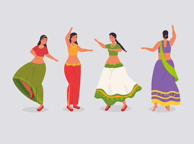 Vector grupo de mujeres indias con ropa de baile tradicional, diseño de ilustraciones