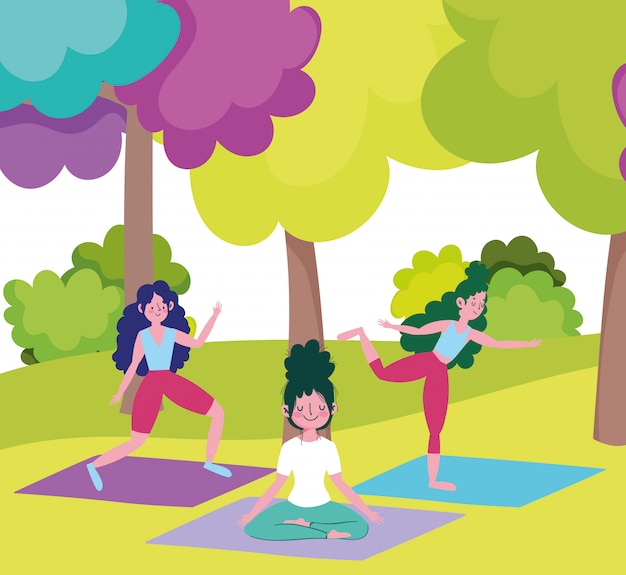 Grupo de mujeres jóvenes entrenando yoga meditación, ejercicios al aire libre