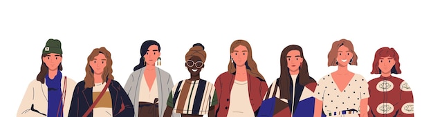 Grupo de mujeres jóvenes con estilo en ropa de moda. Personajes de moda femeninos multinacionales juntos. Concepto de diversidad, hermandad. Ilustración de dibujos animados de vector plano aislado en blanco.