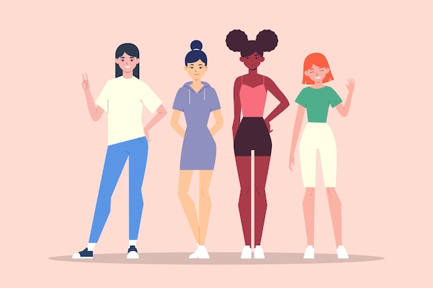 Vector grupo de mujeres jóvenes felices de diferentes nacionalidades.