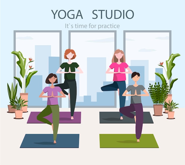 Vector grupo de mujeres jóvenes haciendo yoga en un brillante estudio de yoga en una gran ciudad. cartel o vector de banner