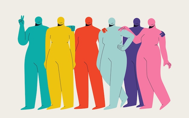 Grupo de mujeres lindas multicolores abstractas figuras femeninas desproporcionadas en diferentes poses vector ilustración plana de moda