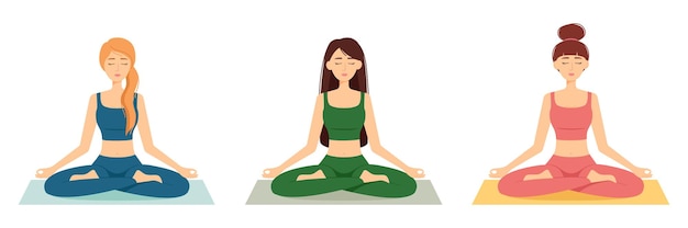 Grupo de mujeres meditando. Chicas en posición de loto practicando yoga, ilustración vectorial