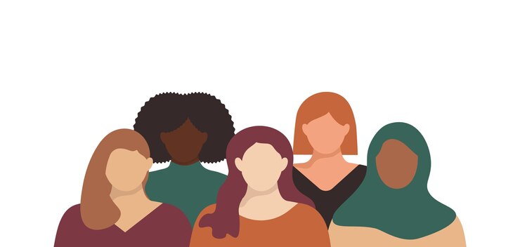 Grupo de mujeres multiculturales y multiétnicas bandera con espacio de copia Concepto de igualdad racial antirracismo y mujer da voz Feminismo y hermandad con diversidad niñas en estilo sin rostro