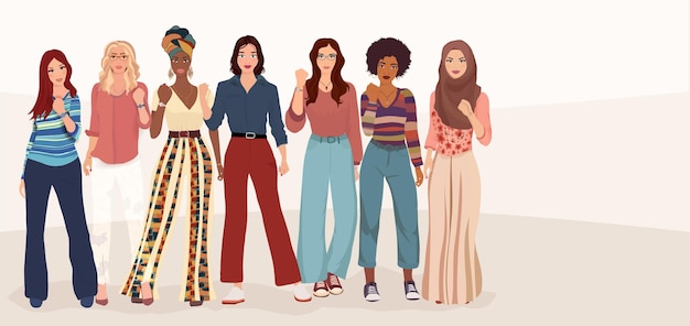 Grupo de mujeres multiculturales que abrazan la diversidad, la inclusión, la igualdad, el poder o el empoderamiento de las niñas