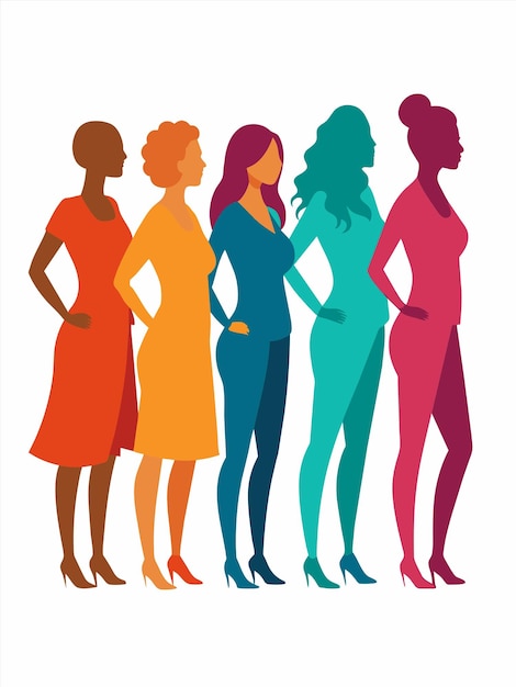 un grupo de mujeres de pie en una fila una con la otra con un vestido colorido