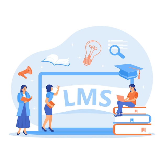 Un grupo de mujeres que toman capacitación educativa en línea en computadoras portátiles Aplicación de software del Sistema de Gestión de Aprendizaje LMS Concepto de Elearning Ilustración vectorial plana