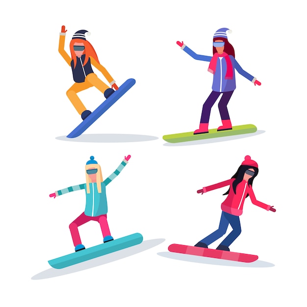 Grupo de mujeres snowboard