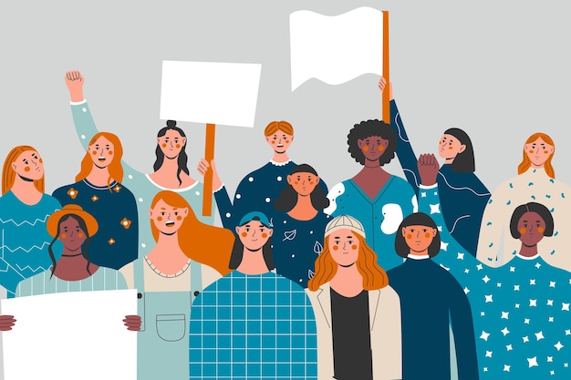 Grupo multiétnico de mujeres manifestantes marchando con letrero Mujeres demostración feminismo puño Mujer derechos unión poder femenino y solidaridad Ilustración de vector plano en colores de moda