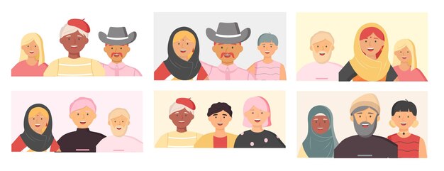 Vector grupo multiétnico de personas unidas comunidad y unión concepto retrato de diversidad personajes hombres y mujeres aislados en la comunidad blanca multitud diversidad social amigos o parientes