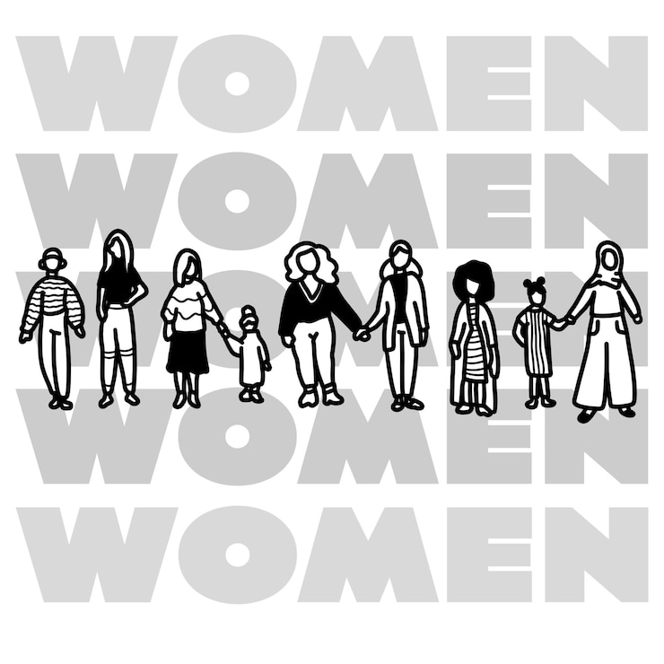 Vector grupo multirracial de mujeres dibujando una ilustración para el día internacional de la mujer