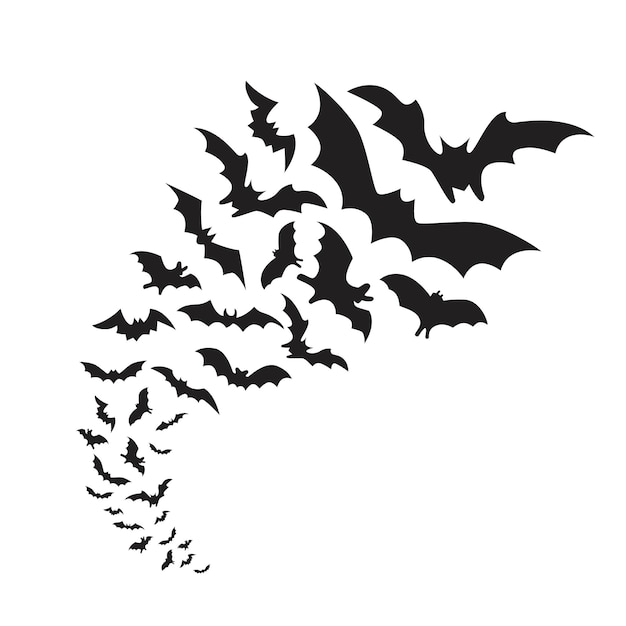 Grupo de murciélagos voladores aislado sobre fondo blanco.