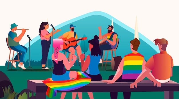 grupo de músicos callejeros tocando instrumentos musicales al aire libre lgbt bandera del arco iris gay lesbiana transgénero amor ilustración vectorial horizontal