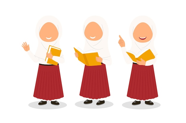 El grupo de niñas con hijab de la escuela primaria indonesia se establece en varios gestos