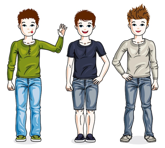 Grupo de niños adolescentes jóvenes de pie con diferentes ropas informales. Conjunto de ilustraciones para niños de diversidad vectorial.