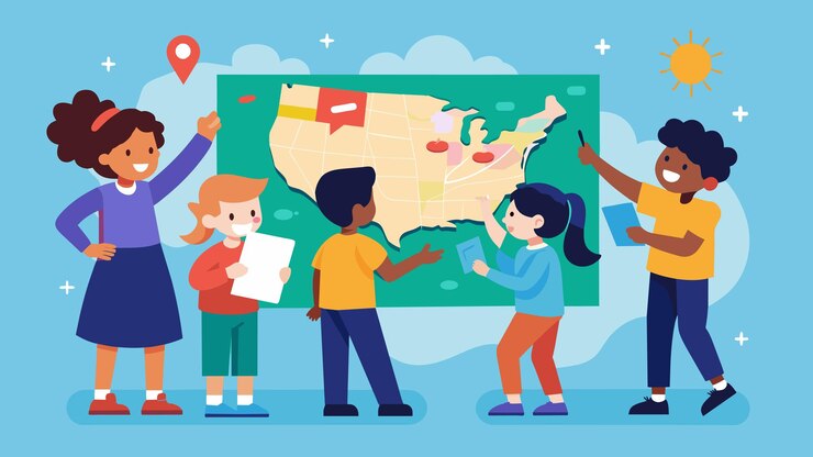 Vector un grupo de niños se agrupan alrededor de un gran mapa interactivo que señala las diferentes ciudades y