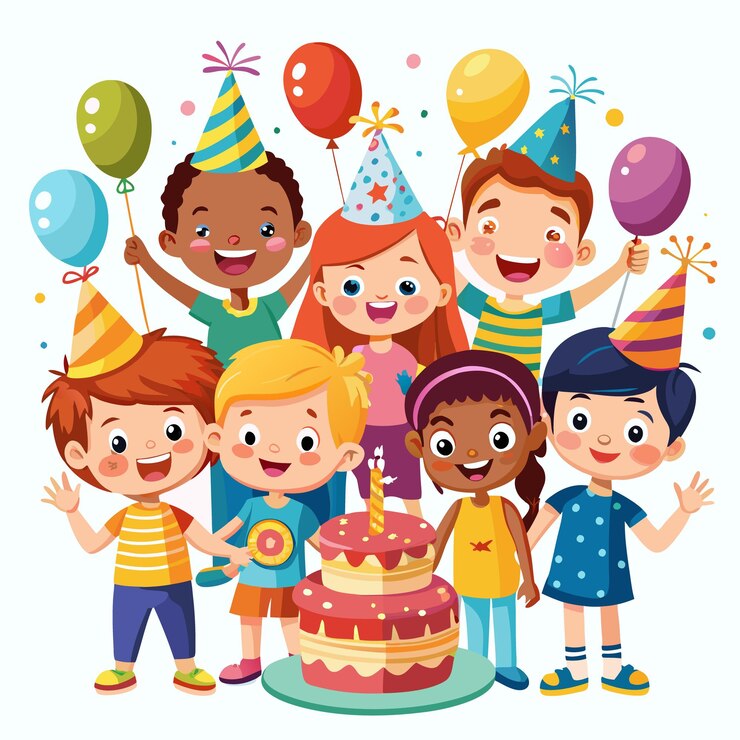 Vector grupo de niños celebrando un cumpleaños con pastel y globos