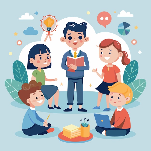 Un grupo de niños diversos se reúnen alrededor de un maestro que sostiene un libro y presenta una lección