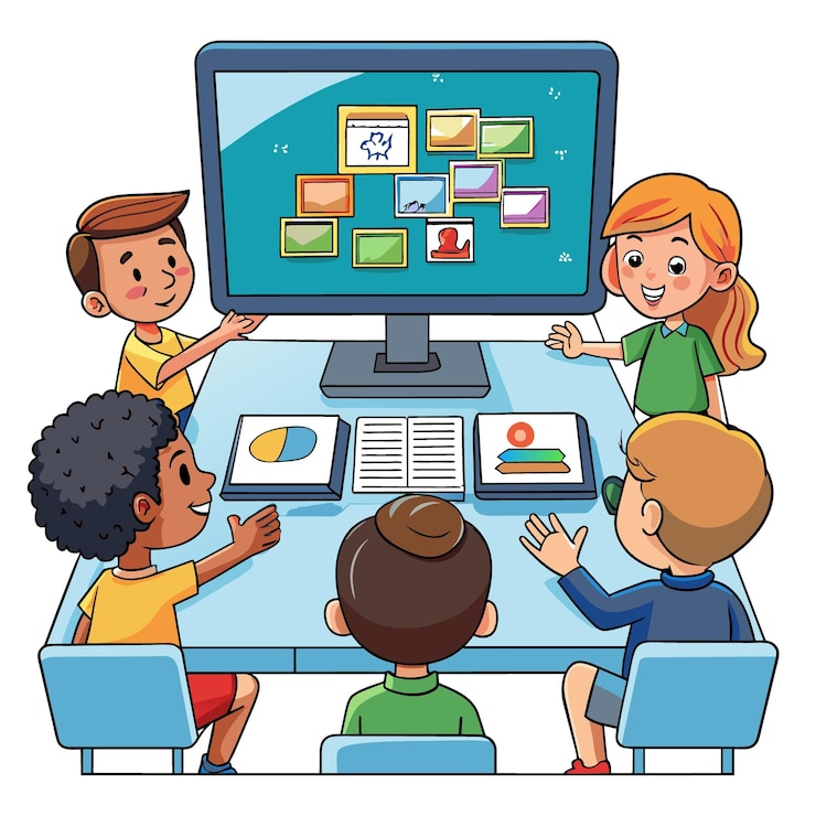 Vector un grupo de niños están sentados en una computadora con una pantalla de computadora que muestra un programa que dice quo