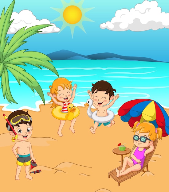 Vector grupo de niños felices de dibujos animados en la playa