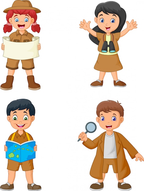 Vector grupo de niños felices de dibujos animados con trajes de explorador