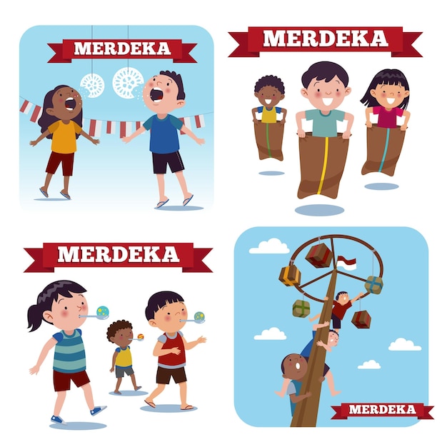 Vector un grupo de niños indonesios está realizando competencias que generalmente se llevan a cabo el 17 de agosto.