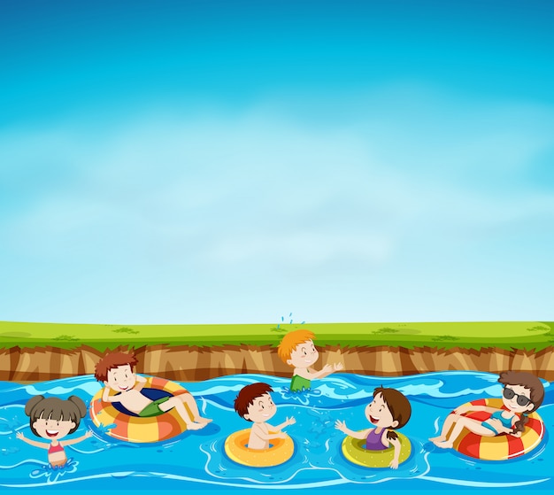 Vector grupo de niños jugando en el lago