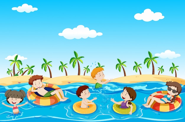 Vector grupo de niños jugando y relajarse en la playa