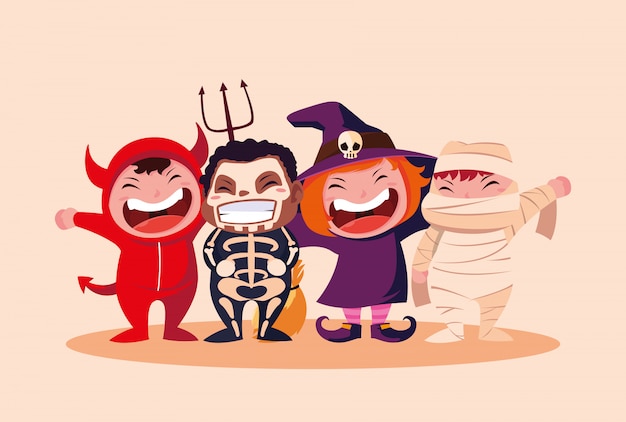 Vector grupo de niños lindos disfrazados para halloween