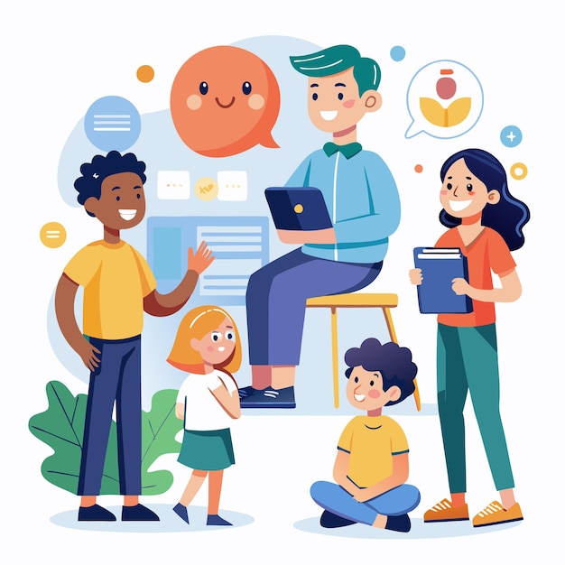 Un grupo de niños y un maestro discutiendo y aprendiendo juntos