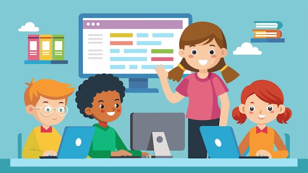 Un grupo de niños participan en un taller de codificación creando sus propios sitios web únicos utilizando html