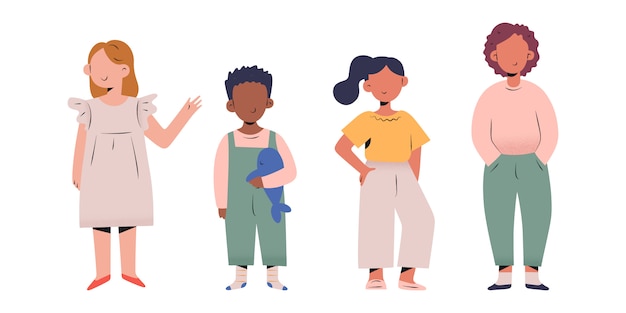 Vector grupo de niños pequeños con estilo de pie en una fila, ilustración de niños de moda