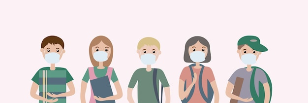 Un grupo de niños pequeños, niños y niñas que usan máscaras médicas.