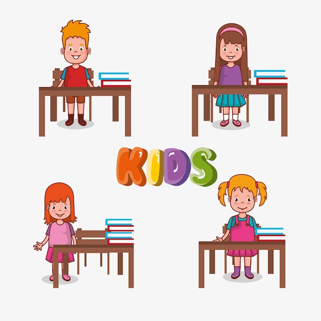 Grupo de niños pequeños en personajes de avatares de aula