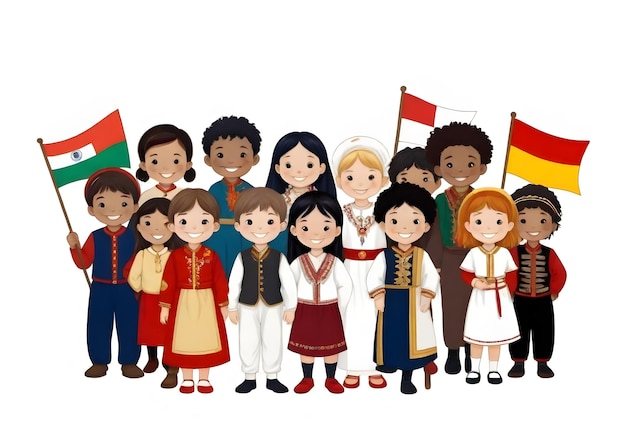 Vector un grupo de niños posan para una foto con banderas nacionales y vestidos con trajes tradicionales