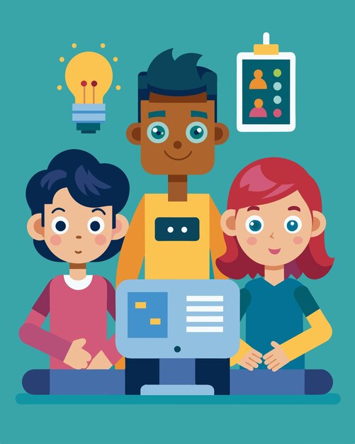 Un grupo de niños reunidos alrededor de una pantalla de computadora trabajando juntos para depurar y mejorar el código para