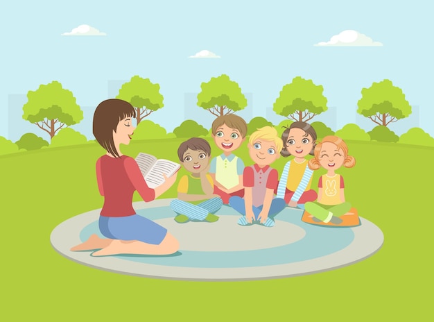 Grupo de niños sentados en plaid al aire libre el maestro leyendo un libro a ellos ilustración vectorial