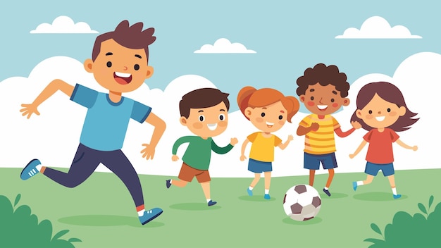 Un grupo de niños sonrientes corren por el campo persiguiendo una pelota durante un partido amistoso de fútbol