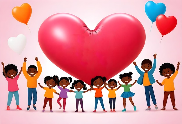 un grupo de niños sosteniendo globos de corazón con un corazón en el fondo