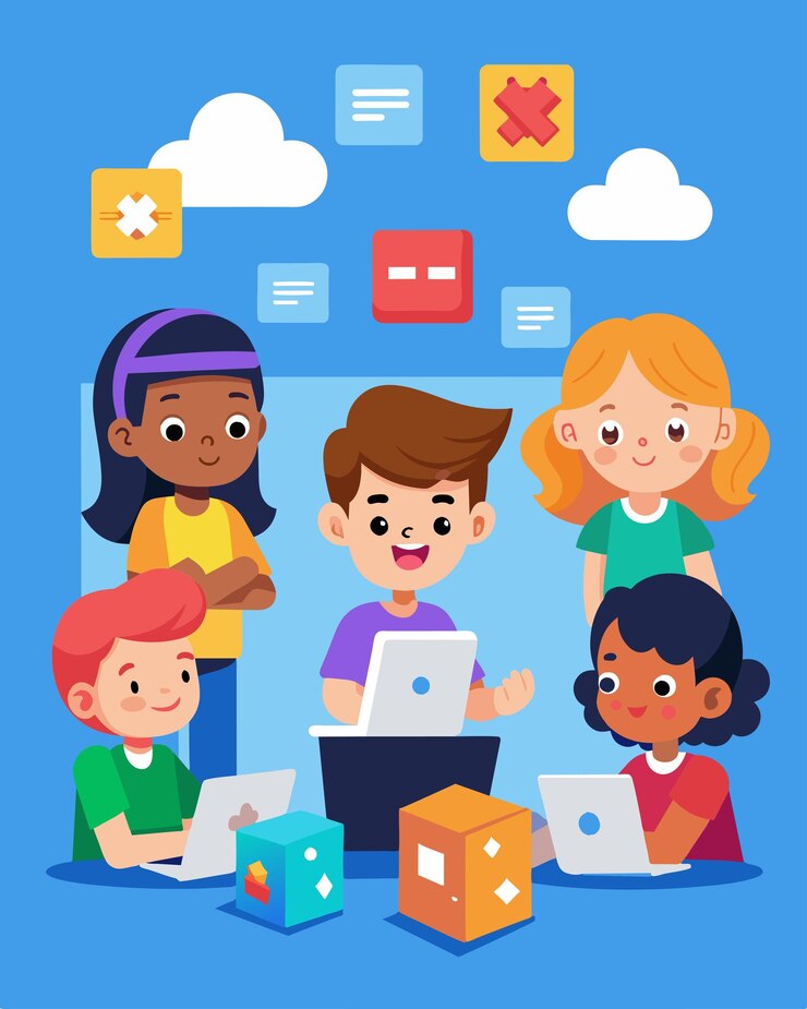 Vector un grupo de niños en un taller de codificación aprenden a usar bloques de arrastrar y soltar para codificar su propio código