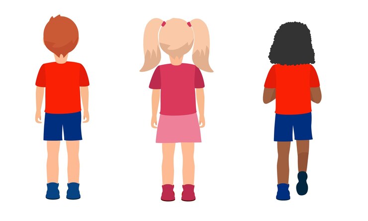 Vector grupo de niños vista posterior niño y niñas africanos, sobre fondo blanco.