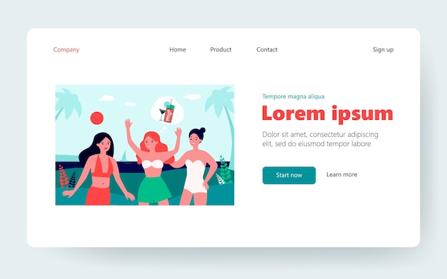 Grupo de novias que planean la fiesta en la playa tropical. mujeres jóvenes, amigas, cóctel de alcohol. ilustración de vector plano. ocio, concepto de vacaciones para banner, diseño de sitios web o página web de destino