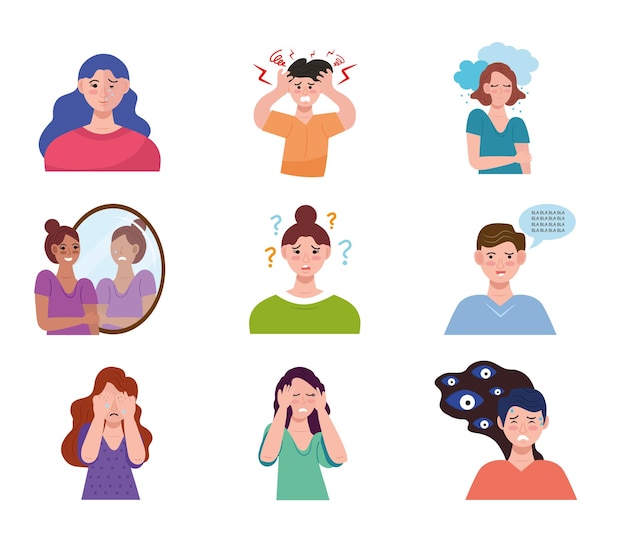 Grupo de nueve personas con caracteres de trastorno bipolar.