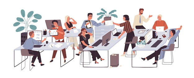 Grupo de oficinistas sentados en escritorios y comunicándose o hablando entre ellos. Diálogos o conversaciones entre colegas o empleados en el lugar de trabajo. Ilustración vectorial colorida de dibujos animados planos.