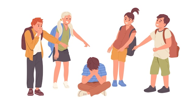 Grupo de pequeños estudiantes que intimidan, suprimen y se burlan de la ilustración de vector de compañero de clase infantil