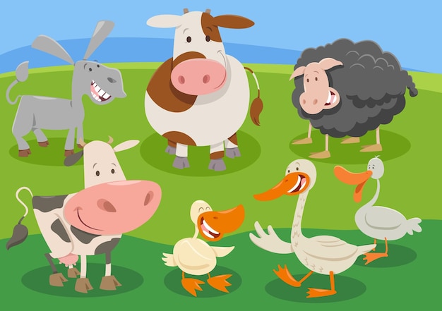 Grupo de personajes de animales de granja de dibujos animados en el campo