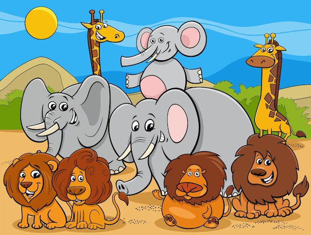 Grupo de personajes de animales salvajes africanos de dibujos animados