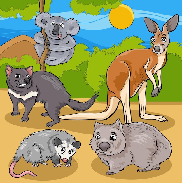 Grupo de personajes de animales salvajes de divertidos dibujos animados