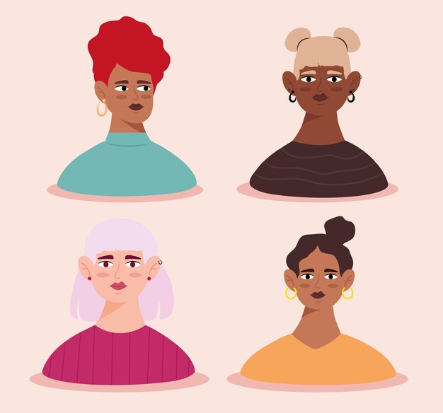 Vector grupo de personajes de avatares de mujeres jóvenes